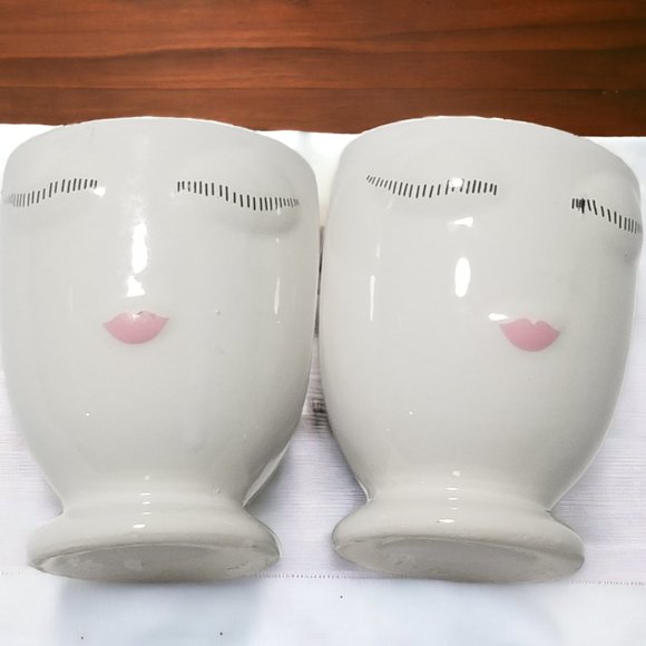 Celfie Countertop Plant Vase White Ceramic Handmade Whimsical Face Floral Pot - Picture 11 of 16